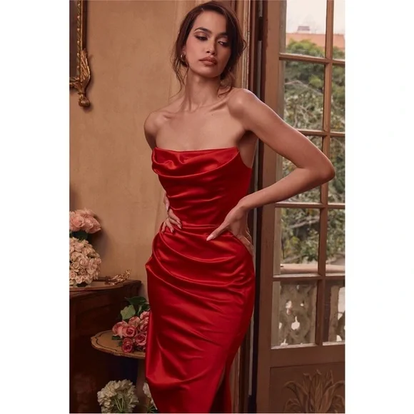 House of CB London XS Adrienne Red Scarlet Strapless Gown Ruched - Picture 3 of 11